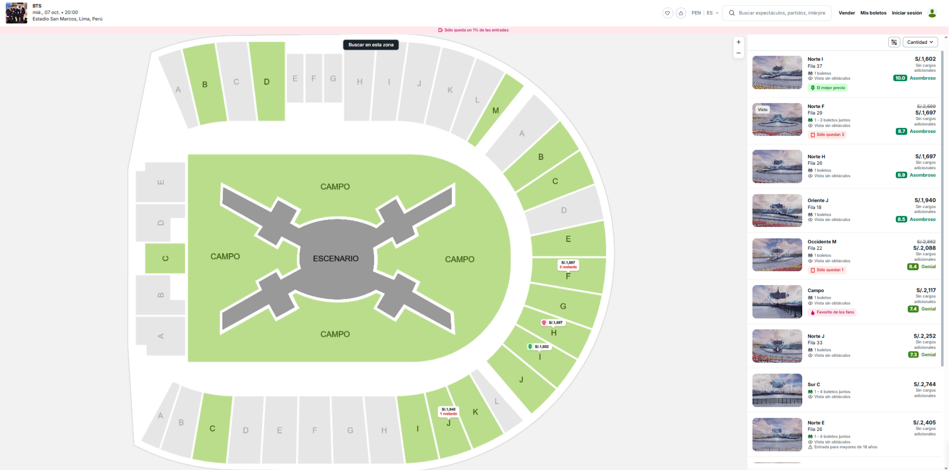 Precios de entradas para la primera fecha de BTS