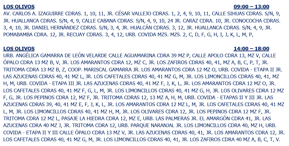 Áreas afectadas por el corte de luz.
