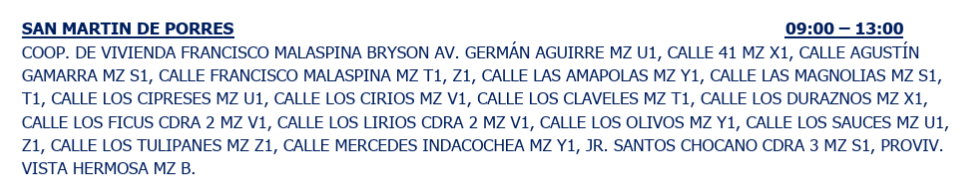 Corte de luz: cronograma con las zonas afectadas en SMP.