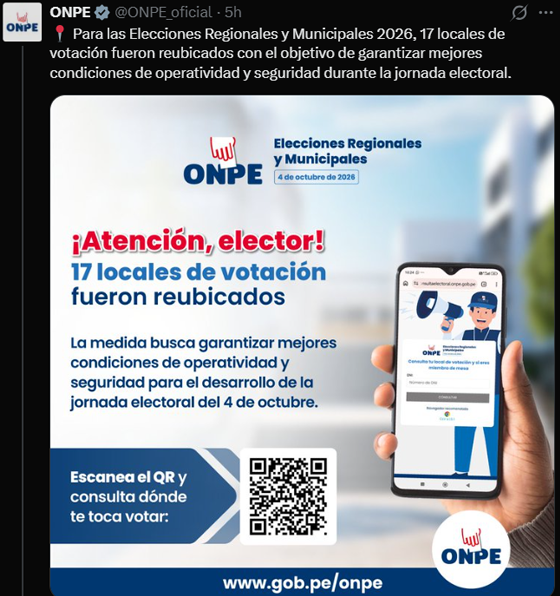 ONPE reubicó 17 locales de votación.