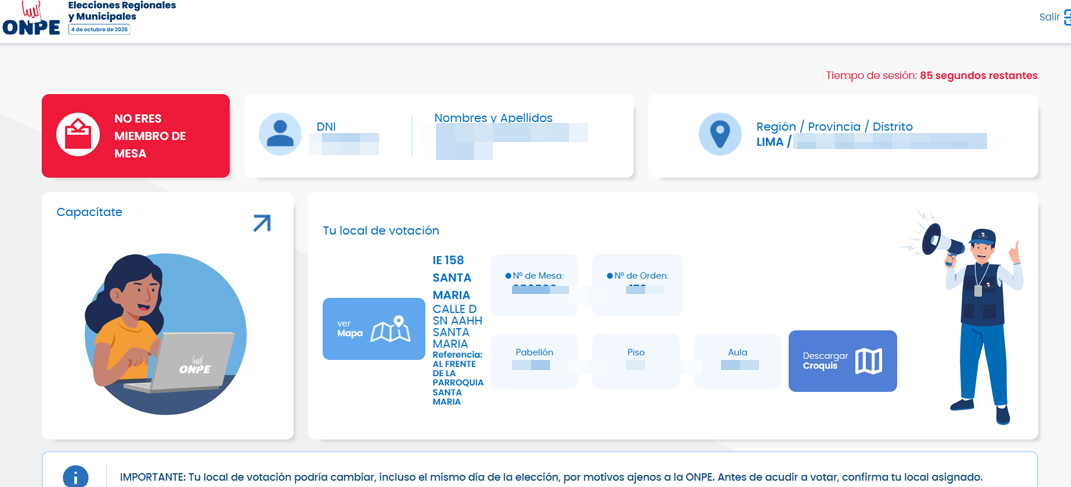Página de la ONPE para saber la dirección de tu local de votación y si eres miembro de mesa en las ERM 2026.