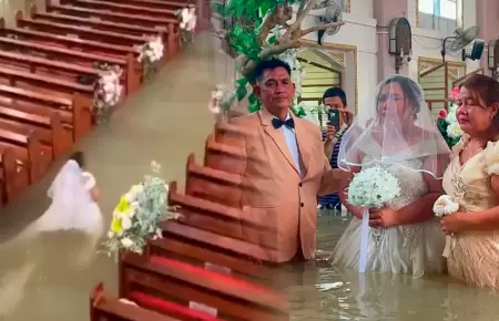 Pese a intensas lluvias, pareja busc� dar el "s�" en la iglesia.
