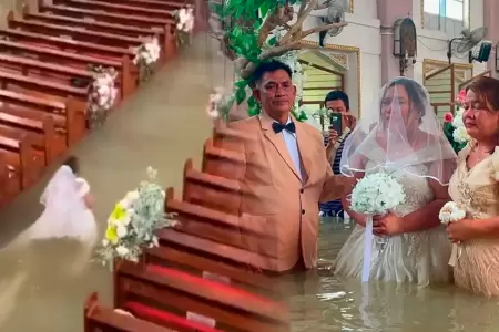 Pese a intensas lluvias, pareja busc� dar el "s�" en la iglesia.
