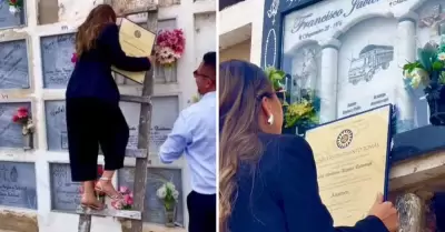 Joven graduada lleva su diploma a la tumba de su padre.