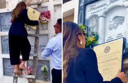 Joven graduada lleva su diploma a la tumba de su padre.