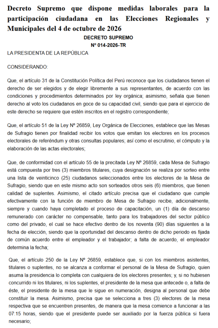 Decreto supremo para el 4 de octubre