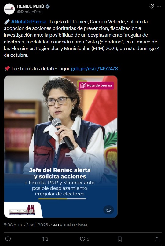La entidad reporta posible desplazamiento irregular de electores.