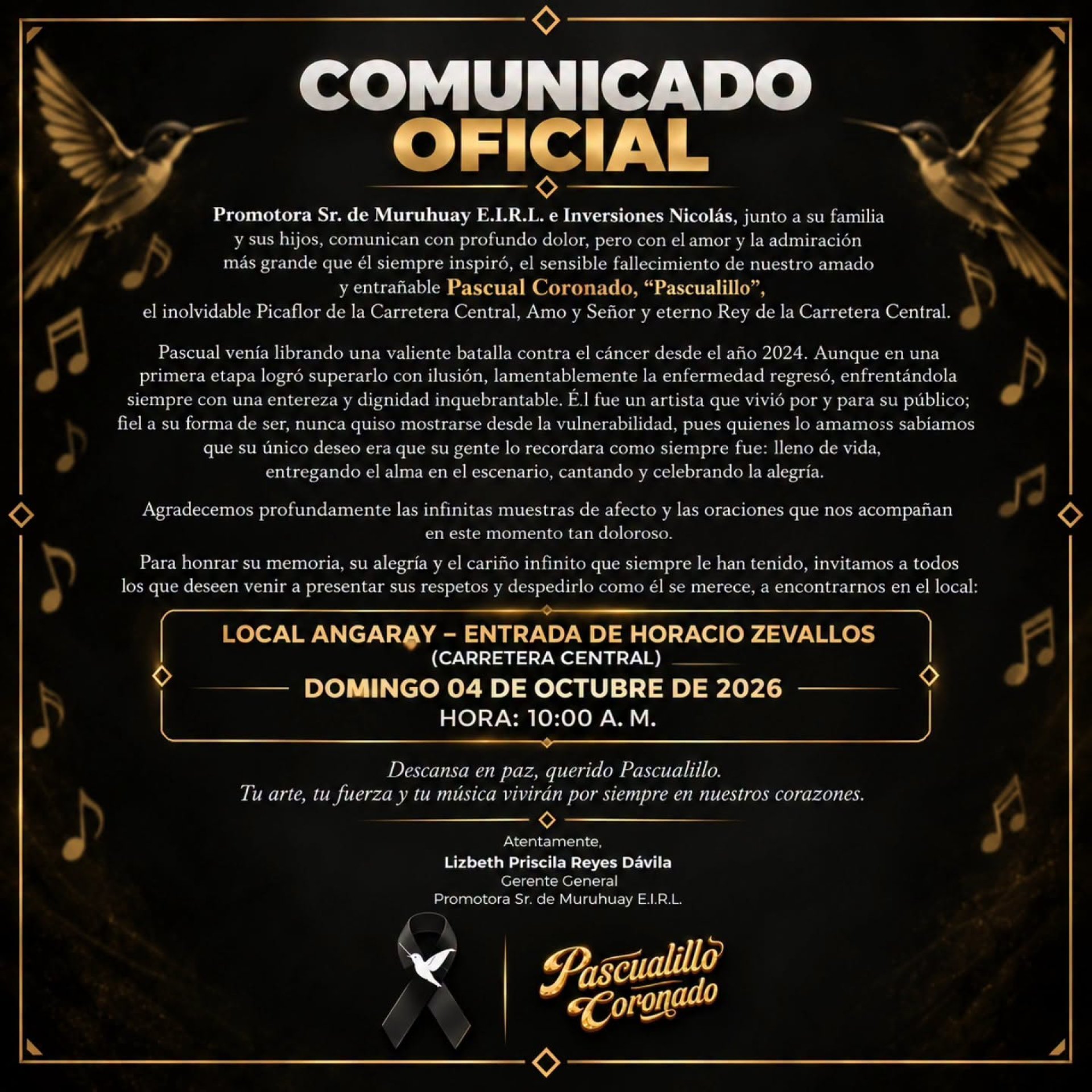 Comunicado de la muerte de 'Pascualillo' Coronado