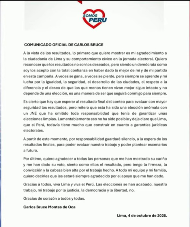 Carlos Bruce se pronuncia tras quedar tercero en las Elecciones 2026