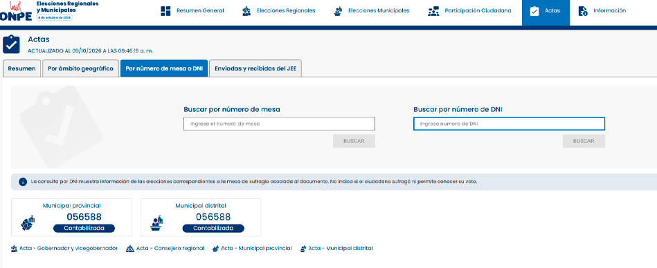 Avance de conteo de votos de la ONPE para las ERM 2026.