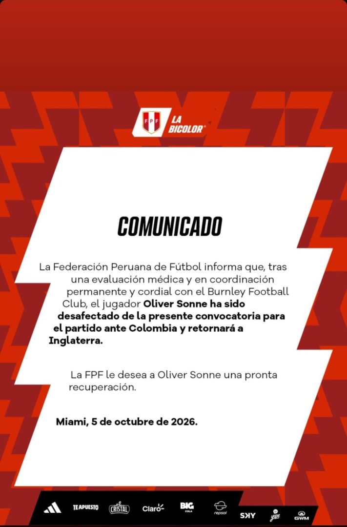 Comunicado de la selección peruana en el que informan la desafecció de Oliver Sonne