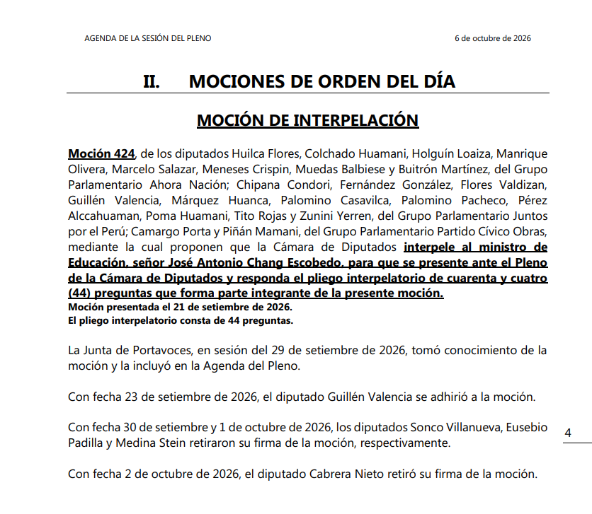 Agenda del Pleno de la Cámara de Diputados (06/10/2026).
