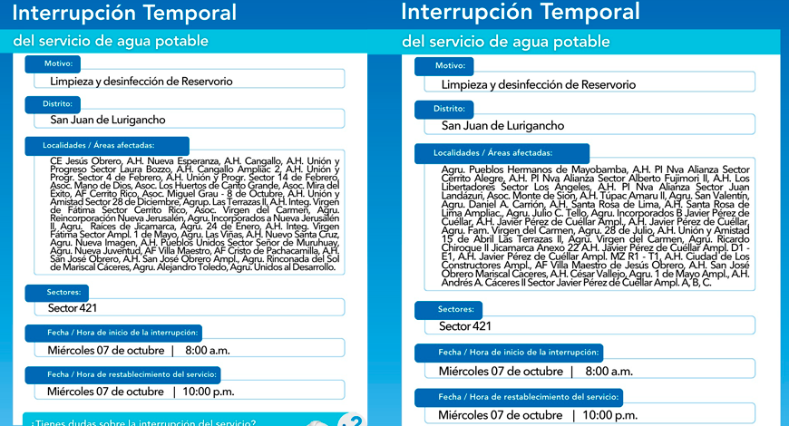 Interrupción del servicio de agua potable en SJL.