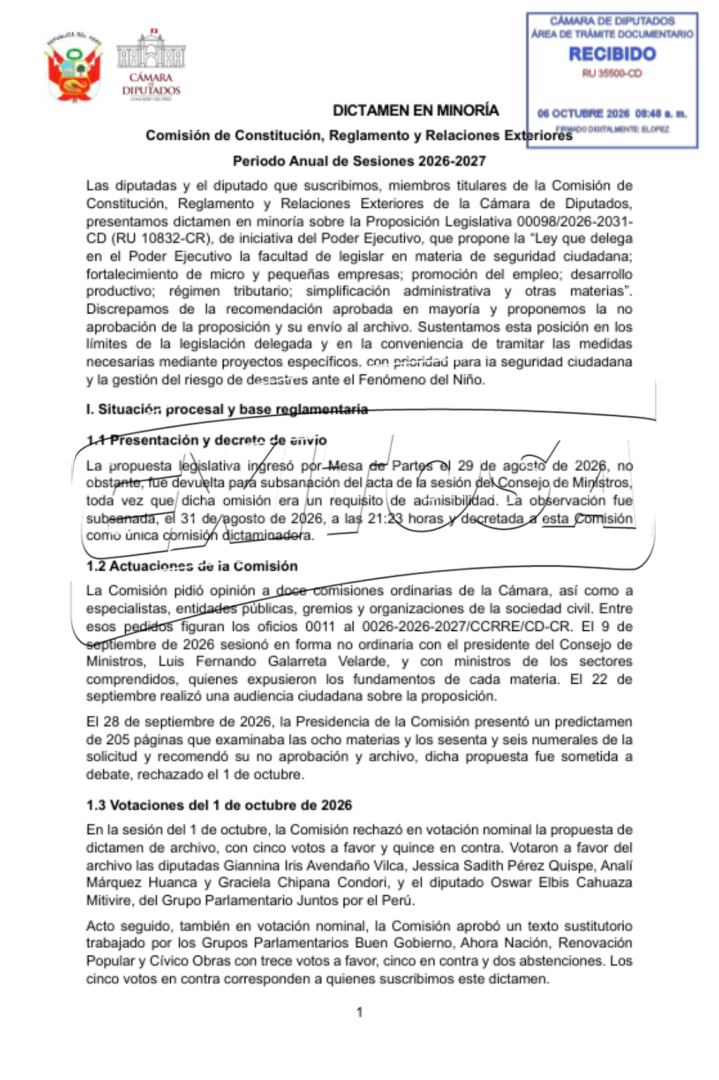 Dictamen en minoría pide archivar proyecto que delega facultades legislativas