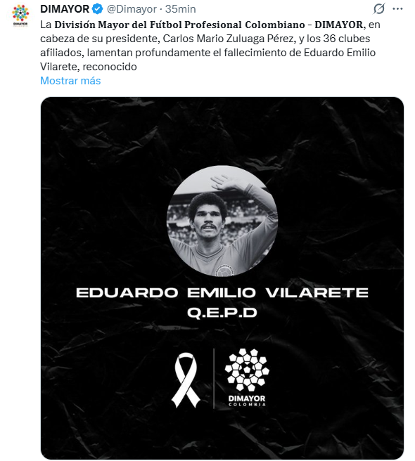 La DIMAYOR lamenta el fallecimiento de Eduardo Emilio Vilarete.