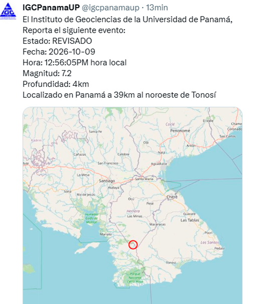 Sismo en Panam� tuvo como epicentro el oeste de Tonos�.