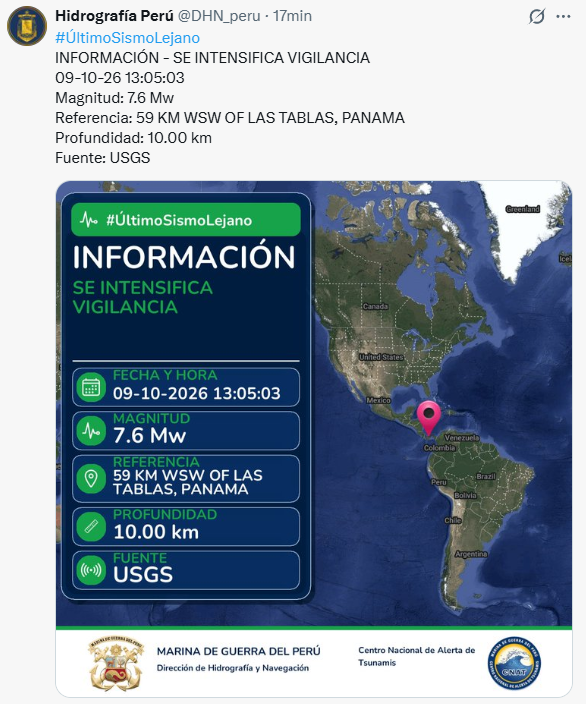 DHN intensifica vigilancia en el litoral peruano tras fuerte sismo en Panam�.