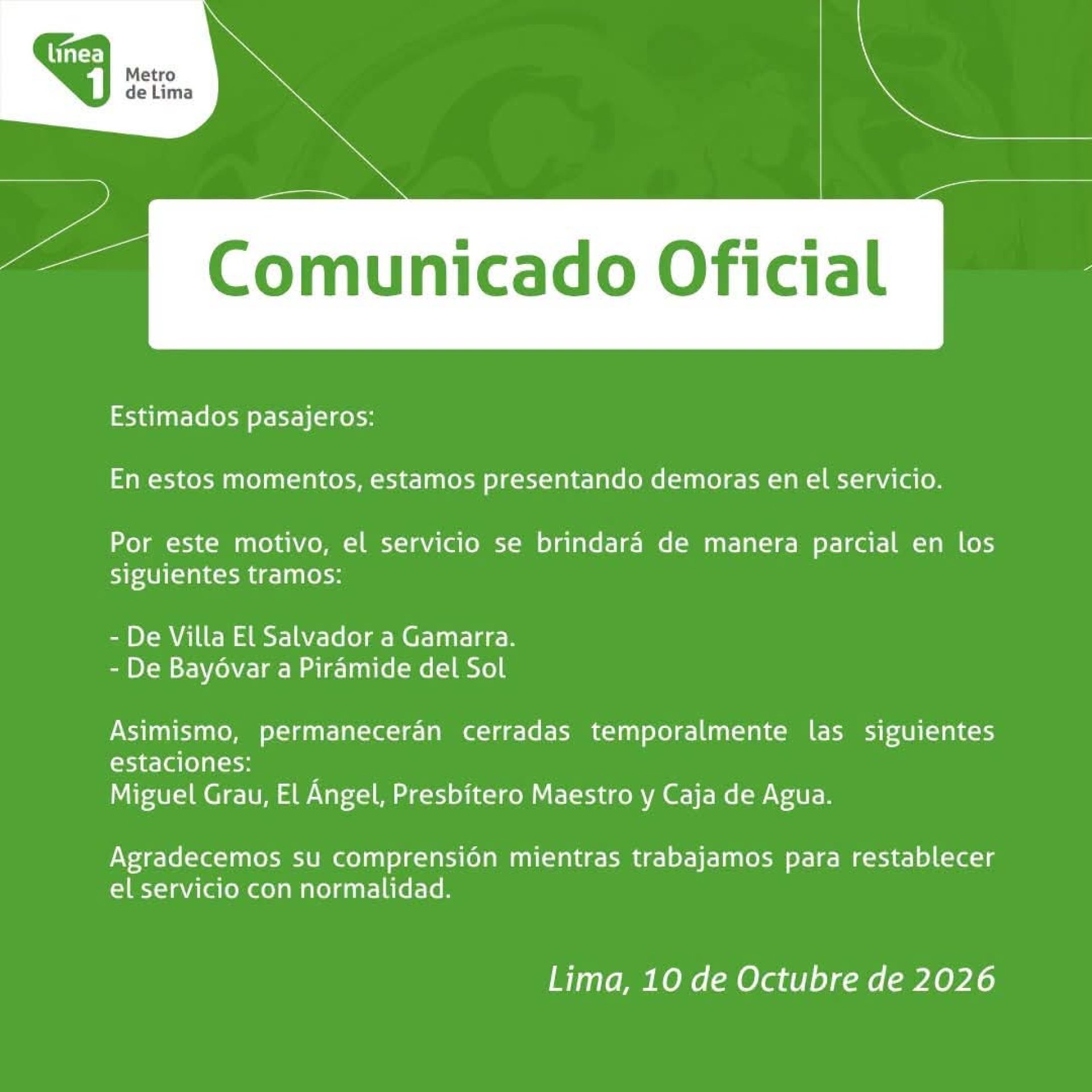 Comunicado de la Línea 1 del Metro de Lima