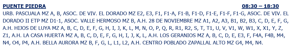 Áreas afectadas por interrupción del servicio eléctrico.