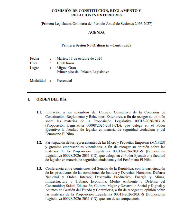 Agenda de la Comisión de Constitución del Senado.
