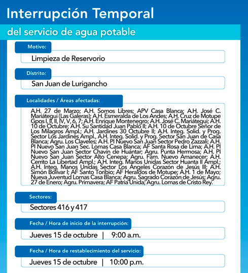 Cronograma de corte de agua el 15 de octubre.
