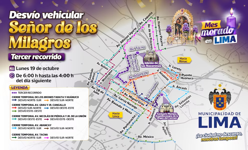 Desvío vehicular del tercer recorrido del Señor de los Milagros