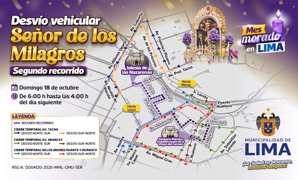 Desvío vehicular del segundo recorrido del Señor de los Milagros