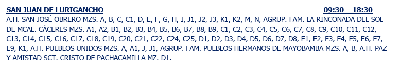 Áreas afectadas por el corte de luz en SJL.