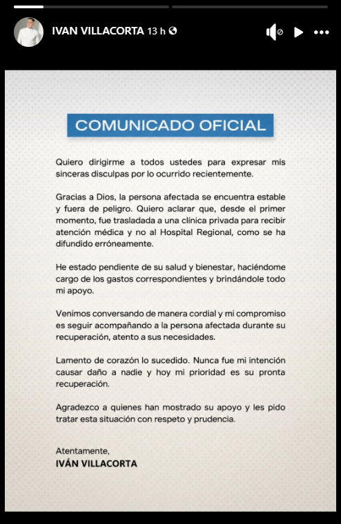 Cantante de Los Villacorta pide disculpas tras protagonizar accidente