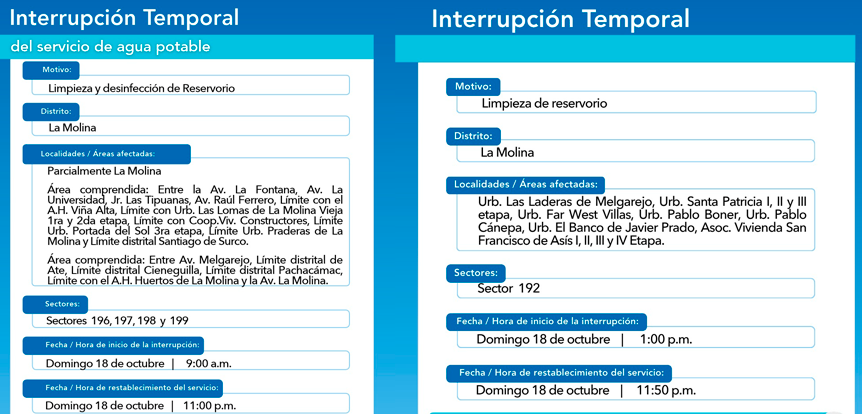 Zonas sin agua temporalmente el 18 de octubre.