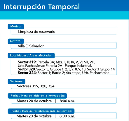 �reas afectadas por interrupci�n temporal del servicio.
