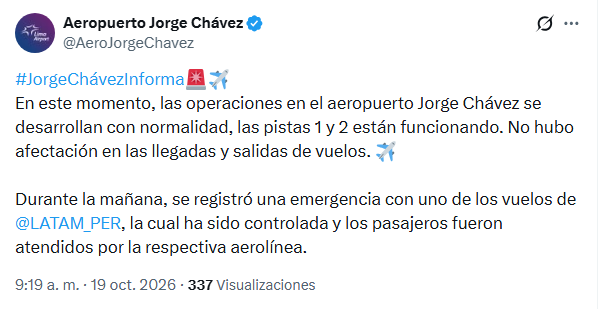Tweet del aeropuerto internacional Jorge Chávez (Captura)