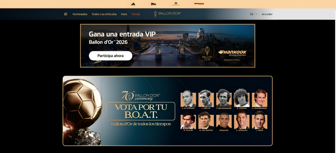 Página web del Balón de Oro muestra a los candidatos al Balón de Oro de todos los tiempos
