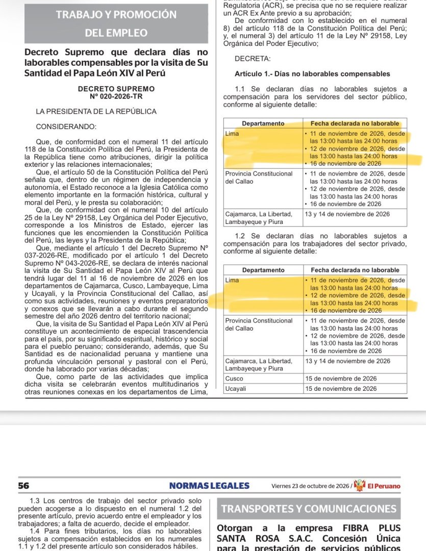 Decreto que declara d�as no laborables compensables por visita del papa Le�n XIV.