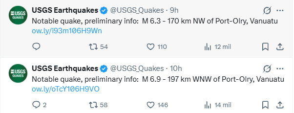 Reporte de sismos en Vanuatu.