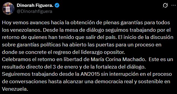 Dinorah Figuera celebra regreso de Machado.