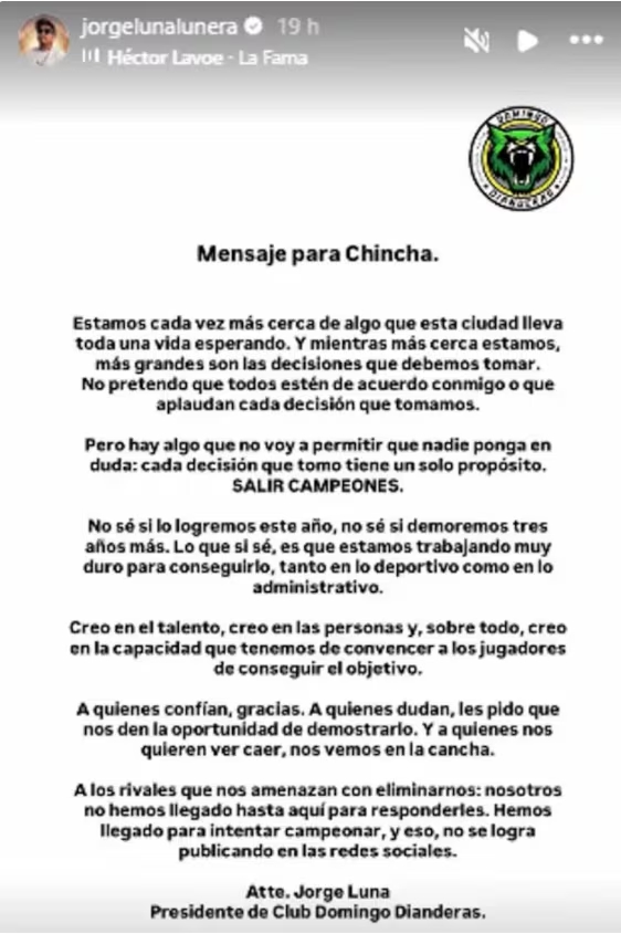 Comunicado de Jorge Luna en redes sociales.