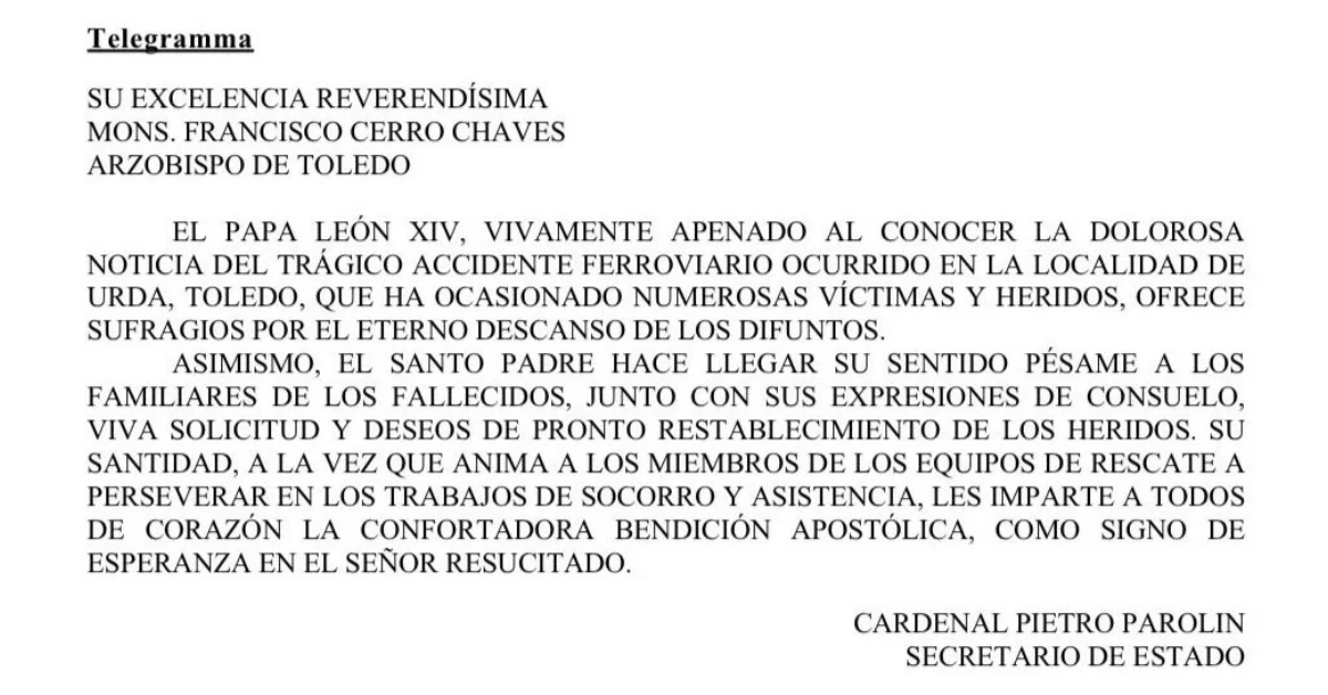 Telegrama en el que el papa Le�n XIV expresa sus condolencias por accidente en Toledo