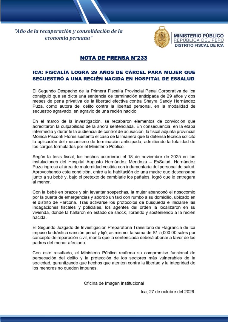 Nota de prensa del Ministerio P�blico - Distrito Fiscal Ica
