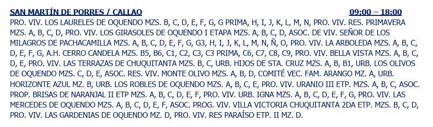 Programación de corte de luz en SMP / Callao.