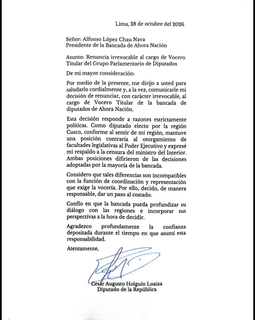 Carta de renuncia dirigida al presidente de la agrupaci�n, Alfonso L�pez Chau.