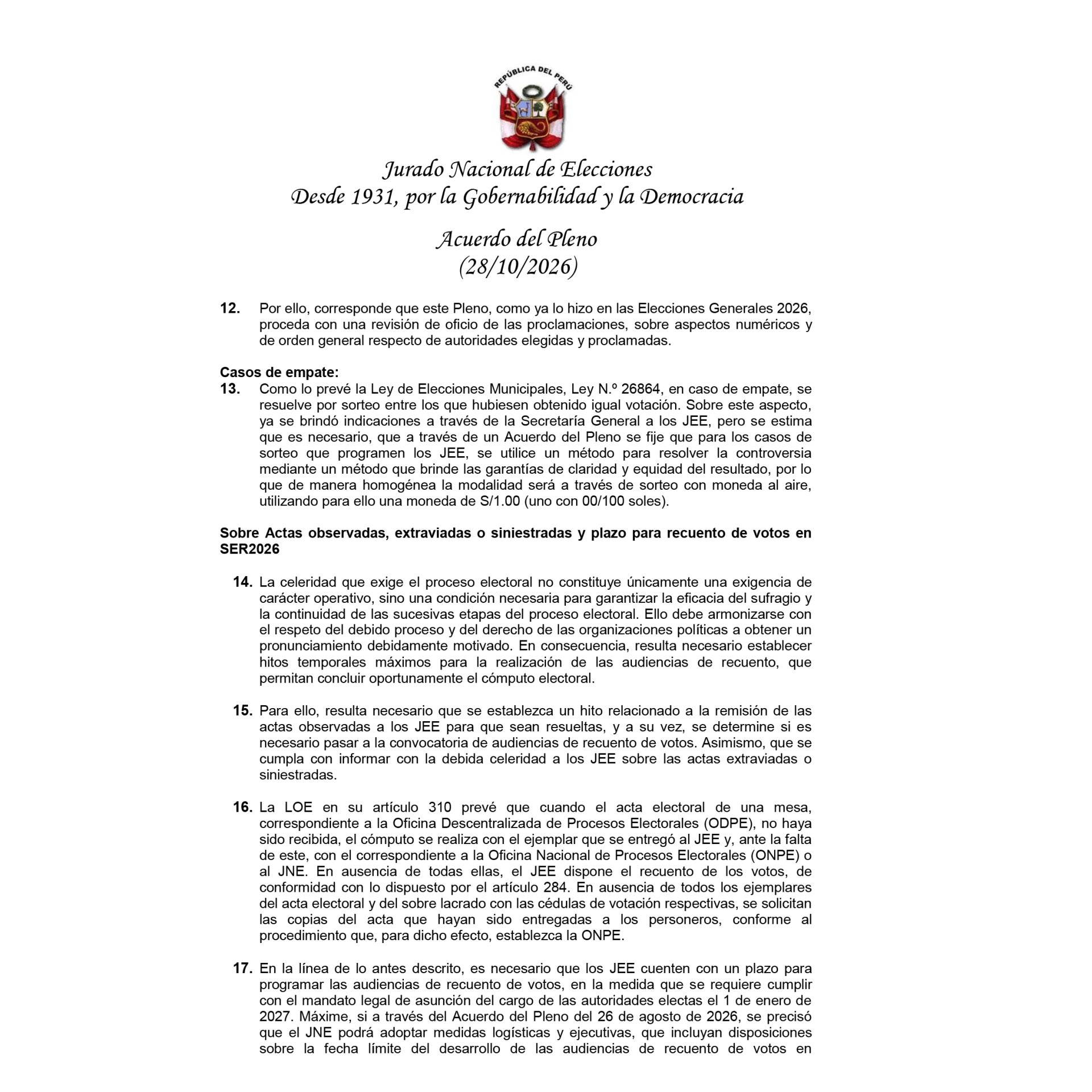 Procedimiento para resolver posibles empates