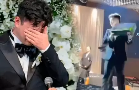 Novio llora al recibir regalo de su esposa en la boda.