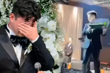 Novio llora al recibir regalo de su esposa en la boda.