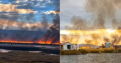 Controlar incencio forestal en Totorales en el lago Titicaca