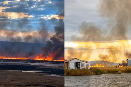Controlar incencio forestal en Totorales en el lago Titicaca