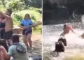 Mujer encuentra a su esposo nadando con su amante en un r�o y protagoniza inesperada escena