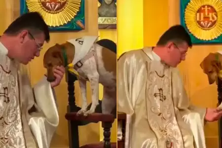 Sacerdote al lado de su perrita Nina.