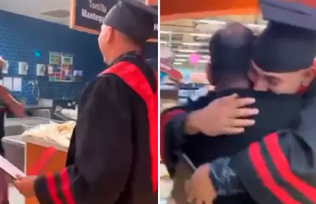 Joven graduado celebra junto a su padre.