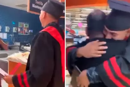 Joven graduado celebra junto a su padre.